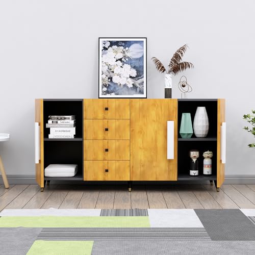 Image of Bniture Storage Cabinet Wooden for Living Room Sideboard with 4 Drawer and 3 Door | Storage Organizer Chest of Drawer Cabinet for Home Hallway Drawing Room Bedroom Kitchen | Slate Grey & Giant Wood