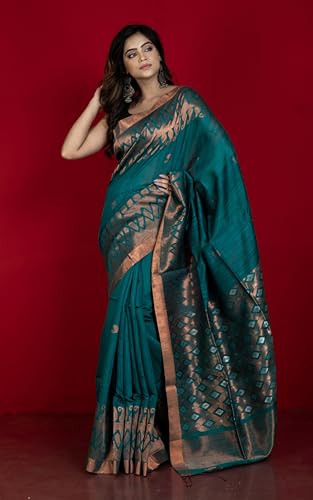 Bengal looms India Weaves of Elegance teal tussar silk saree in tussar silk – image 2