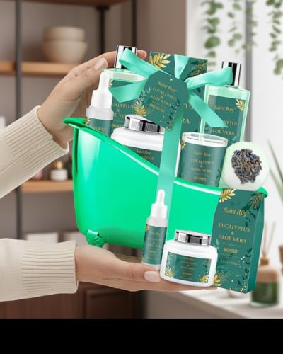 Image of Mother day Spa Gift Basket, bath and body Basket, Christmas Gifts for Women Her him, Bath Baskets for Women, 8 pcs Eucalyptus Aloe Spa shower gift, Birthday Gifts bath kit, Self Care Bath Gift Set