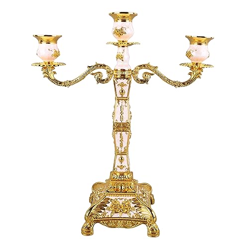 Metal Candelabra Candle Holder, European Retro 3 Arms or 5 Arms Candle Stand Candlestick Holder Decoration for Wedding Dining Table Centerpieces Christmas Party (Gold and White Three Arms)