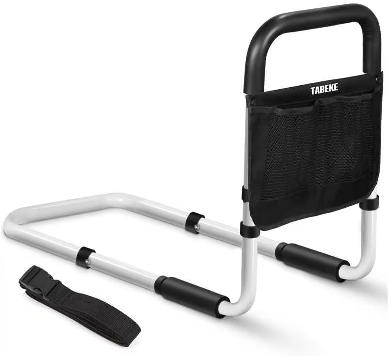 TABEKE Bed Rails for Elderly Adults, Adjustable Bed Assist Rails for Seniors, Portable Bed Support Bar Mobility Assistant with Foam Handle & Double Side Storage Bag Fits King, Queen, Full, Twin Bed White