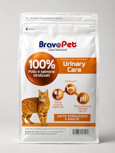 BRAVOPET Urinary Care Crocchette Secche per Gatto Sterilizzato e Adulto, Pollo e Salmone Idrolizzati,1,5kg