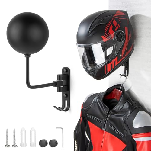 PUERSI Soporte para Casco de Moto de Pared - Portacasos para Bicicleta y Moto Giratorio 180° con 2 Ganchos para Colgar Sombreros, Chaquetas y Llaves