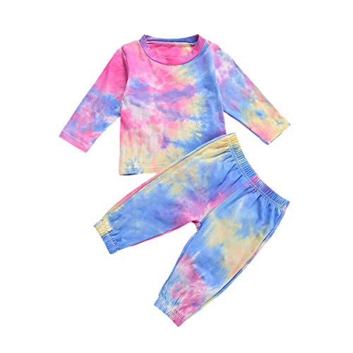 Toddler Baby Boy Girl Long Sleeve Tie Dye Crew Neck T-Shirt Tops + Pants 2Pcs Tracksuit Clothes Outfits Set (Blue+Yellow+Red,6-12 Months)