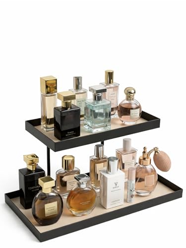 ORDIC Interior Moderner Parfüm Organizer aus Metall Montagefreier Parfüm Ständer mit zwei Ebenen stilvolles Parfüm Regal für Schminktisch Bad & elegante Parfüm Aufbewahrung