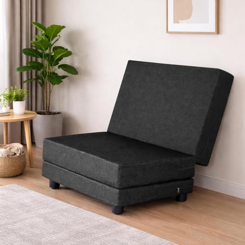 VANSH FURNITURE Leg Sofa Cum Bed Single Seater | Foldable Floor Sofa Bed with Jute Fabric | Space Saving Convertible with Sturdy Legs for Living Room & Guest Room, Office - Black Color