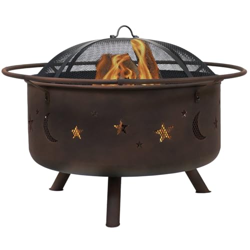 Moon Stars Sky Steel Fire Pit Bowl with Screen Cooking Grate and Poker New