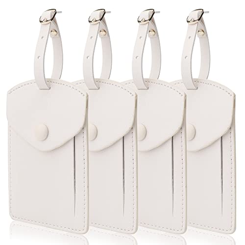 Kevancho Leather Luggage Tags for Men Women, Suitcase Labels Baggage Bag Tag ID Tags with Full Back Privacy Cover for Cruise Ships, Travel Accessories Tags Set of 4 PCS (White)