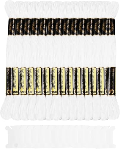 DERAYEE 14 Pcs Fils de Broderie Point de Croix Blanc avec Carte, 8M Fils Coton pour Bracelet d'amitié, Kit Loisirs Créatifs et Fournitures de Couture