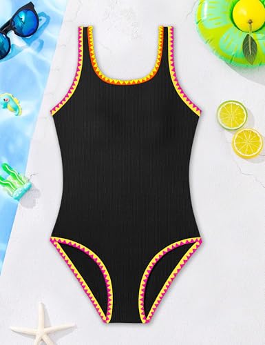 Image of Qaoerde Girls Swimsuit One Piece Swimsuits Solid Color Bathing Suit Colorful Contrast Trim Adjustable Straps Swimwear 9-16Y
