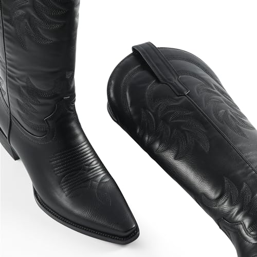 Image of iiimmu Cowboy Boots for Women Black Knee High Boots Pointed Toe and Chunky Heel Western Boots PU Leather Boots with Embroidered, Size 6.5