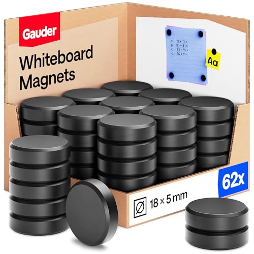 GAUDER Magnets for Whiteboard Fridge & Notice Board - Strong Round Magnetic Discs - Black Magnets for Crafts (62 Pieces - 18 x 5 mm)
