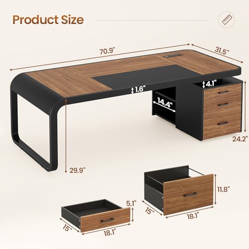 Image of Itaar 70.9 inch Executive Desk, Large Computer Desk with Drawers and Lateral File Cabinet, Office Desk with Removable Shelves, Business Furniture Desk Workstation for Home Office, Brown