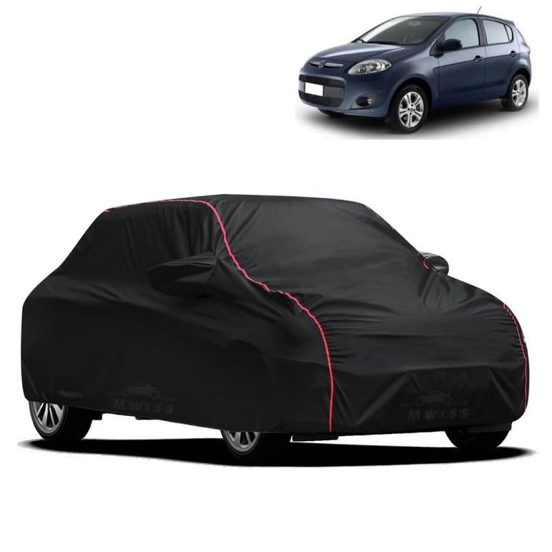 Image of Waterproof Car Cover for Fiat Palio D | All-Weather Protection, Dustproof & UV Resistant | Triple Stitched Mirror Pockets, Windproof Buckle Strap with Elastic Hem, Black-Red Piping