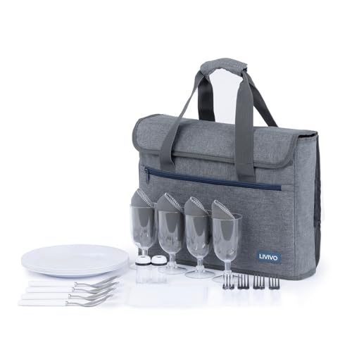 LIVIVO Picnic Bag for 4 - Premium Briefcase Fold-up Picnic Basket for 4 Person - Family Picnic Basket Set with Cutlery Plates Napkins Wine Glasses Chopping Board Outdoor Picnic Set (29 Pcs)