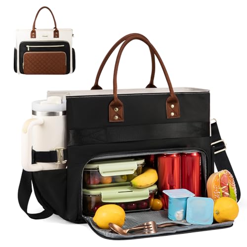 LOVEVOOK Lunch Tote Bag for Women 3 in 1 Work Bag with Insulated Lunch Compartment & 40oz Large Cup Holder & Multi-Pockets 15.6 Laptop Bag for Office/Daily/Travel Gifts for Teacher Nurse Mom
