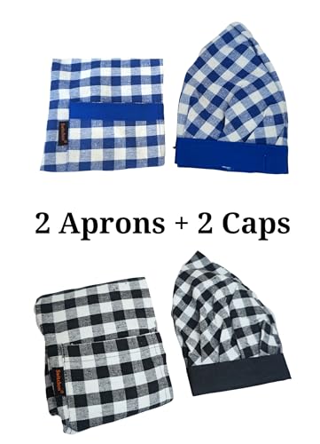Image of Switchon Checkered Cotton Kitchen Cooking Apron with Chef Hat - Pack of 2 | Multi-Purpose Chef & Waiter Apron for Men & Women | Home, Hotels, Restaurants & Cafes | Proudly Made in India