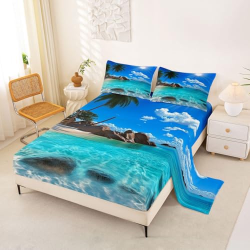 Image of jejeloiu Ocean Beach Bed Sheets Sets Full Size Kids Boys Girls Blue Sky Sea Bedding Set Tropical Palm Trees Bed Sheet Set with 16-Inch Deep Pockets 4Pcs with 2 Pillow Cases