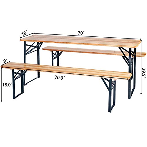 HOMGX 3-Piece Picnic Table, 70’’ Folding Picnic Table with Benches, Outdoor Portable Wooden Picnic Table, Picnic Beer Table Set with Stable Metal Frame, Camping Picnic Table for Garden, Patio