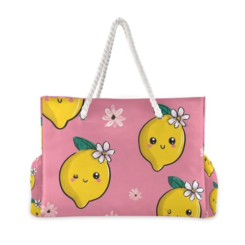 OTVEE Lemons and Pink Flower Pattern Beach Bags for Women Ladies Large Canvas Tote Shoulder Bag Waterproof Travel Bags for Gym Swim Pool Camping2