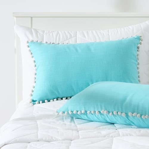 Image of 100% Cotton Pom Pom Cushion with Filler, Elegant & Modern Cushion Cover for Living Room, Rectangle, 12 inchx20 inch, uni slub, Set of 4 - Baby Blue