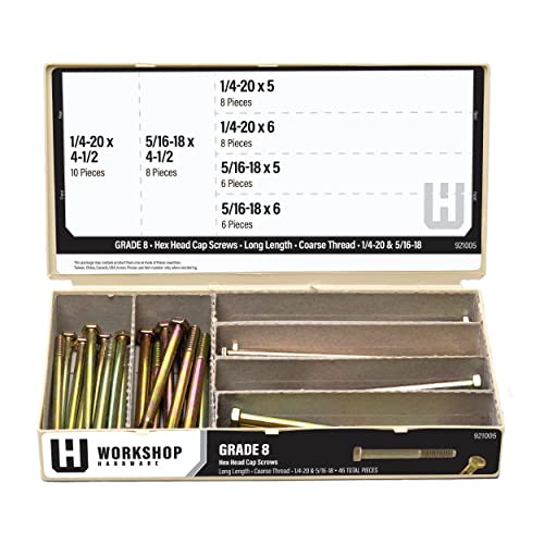 Image of Workshop Hardware 46 Piece Fastener Assortment Kit, Grade 8 Hex Cap Screw Set, USS 1 /4 & 5 /16 Diameter, Gray, Stainless Steel