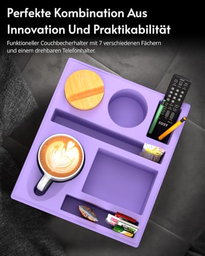 Couchbar Snackbox Silikon sofatablett mit 360 Grad Drehbar Handyhalter beistelltisch mit Holz Sofatablett für Sofa, kino Deko… – Ansicht 3