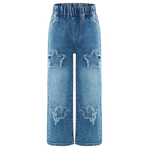 FEESHOW Kids Girls Fashion Star Printed Straight Jeans Wide-Leg Denim Pants Elastic Waistband Trousers