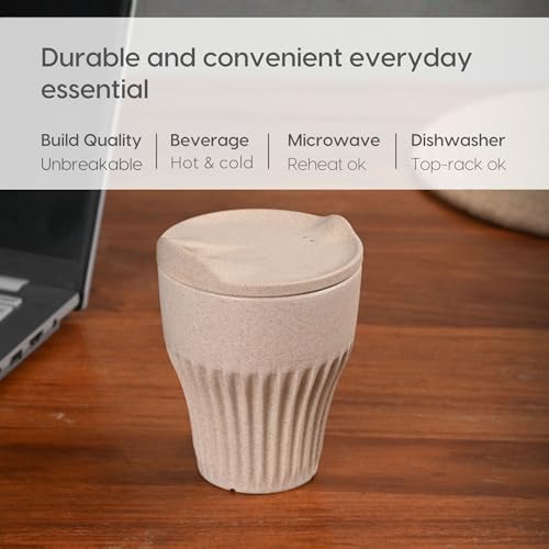 Image of Eha Earth Friendly Rafter Coffee Mug with Lid | Tea Cup Set | 300 ml | Made with Rice Husk | Microwave Safe Mugs for Gifting | 2 Unit | Sand Castle