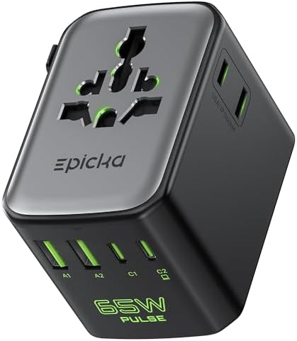 TRAVEL MADE EASY Epicka Pulse Duo 65W Universal Travel Adapter, International Power Adapter with PD & QC 3.0 Fast Charging for 2 Devices Simultaneously, European Travel Plug Adapter, Travel Essentials (Black)