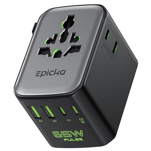 Image of Epicka Pulse Duo 65W Universal Travel Adapter, International Power Adapter with PD & QC 3.0 Fast Charging for 2 Devices Simultaneously, European Travel Plug Adapter, Travel Essentials (Black)