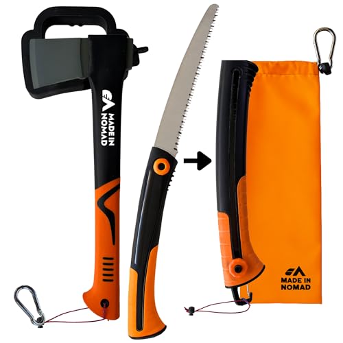 Hache Bushcraft Camping 38cm + Scie Bois Pliante Outdoor - Hachette Lame Acier Carbone, Etui de Transport Sécurité, Mousquetons, Cordes. Machette Camping,...