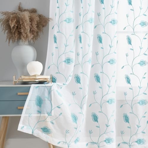 Image of Blue Sheer Curtains 84 Inches Long, Floral Embroidered Rod Pocket Sheer Drapes for Living room, Bedroom, 2 Panels, 52 inchx 84 inch, Semi Crinkle Voile Window Treatments for Yard, Patio, Villa, Parlor .