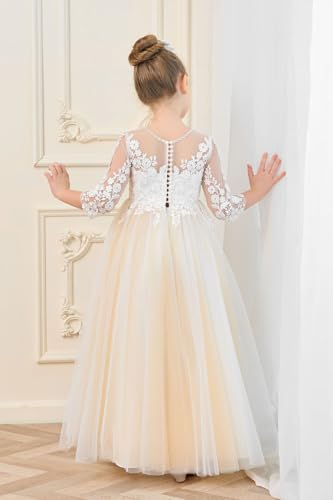 White Ivory Flower Girl Dresses with Long Sleeves First Communion Dress Princess Gown KT2704