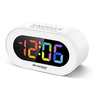 REACHER Small Colorful LED Digital Alarm Clock with Snooze, Simple to Operate, Full Range Brightness Dimmer, Adjustable Alarm Volume, Outlet Powered Compact Clock for Bedrooms, Bedside, Desk, Shelf