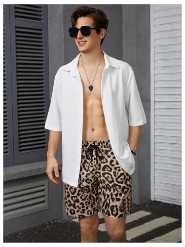 OYOANGLE Men's Leopard Graphic Print Adjustable Elastic Waist Drawstring Workout Shorts3