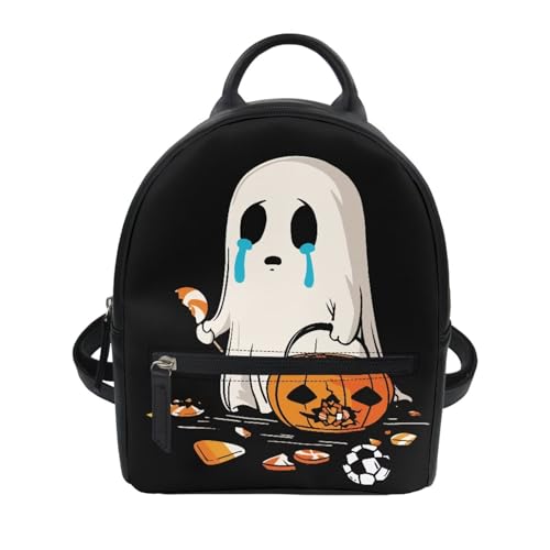 HUGS IDEA Halloween Ghost Backpack for Teen Girls Leather Backpacks for Women Travel Casual Shoulder Knapsack Lightweight Daypack for Lady