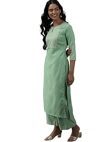Image of Women Rangpreet Sea Green Solid Straight Kurta Palazzo With Dupatta Set