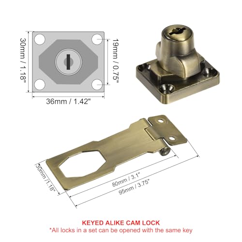 Image of PATIKIL Keyed Hasp Locks, 2 Pack 3 Inch Twist Knob Locking Hasp Zinc Alloy Safety Hasp Latches with Keys Keyed Alike for Cabinet Small Door, Bronze