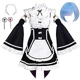 Damen Rem Ram Maid Kleid Cosplay Kostüm Halloween Party Outfit Komplettes Set mit Perücke Kopfbedeckung (Rem,3XL)