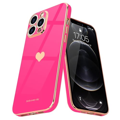 Teageo for iPhone 12 Pro Max Case Cute Heart Pattern for Women Girls Slim Luxury Bling Plating Soft TPU Anti-Scratch Shockproof Bumper Phone Case for iPhone 12 Pro Max, Hot Pink