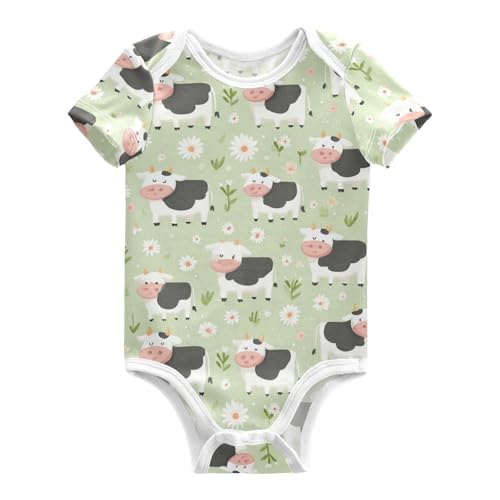 Flowers Cow Light Green Baby Short Sleeve Bodysuits Romper Unisex Infant Outfit Wrapping Clothes for Boy Girl kids 6M