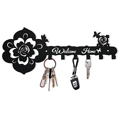 Greyoe Cuelga llaves Pared, Porta llaves de Pared, Colgador llaves Pared, Llavero de Pared con 6 Ganchos de Hierro Forjado, llavero de Metal, Gancho para llaves, Adorno de Arte de Metal (Negro) Cover