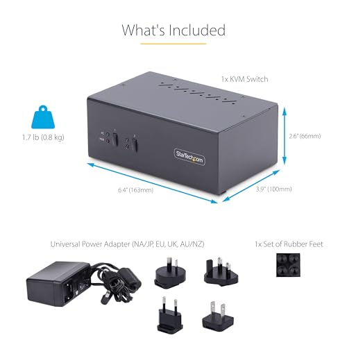 Image of StarTech 2-Port Dual DisplayPort KVM Switch, 4K 60Hz, USB 5Gbps, TAA, Hub | USB emulation, 2.0 HID, Hotkey, Push-Button, Compliant, Two computers, Combo keyboard mouse support, Audio