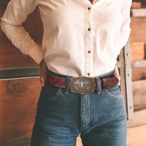 Image of Cowboy Cowgirl Belt Western Belts for Men Women Floral Engraved Longhorn Bull Buckle Belt for Jeans
