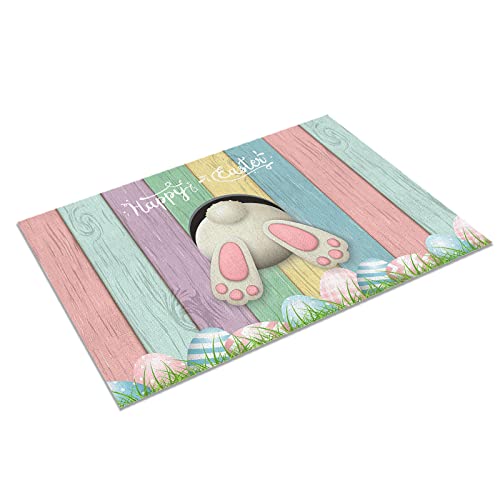 Happy Easter Placemats Set Of 4,Easter Bunny Colorful Eggs Wood Grain Place Mats Heat Resistant Waterproof Cloth Placemat For Kitchen Dining Table Easter Party Decorations 12 X 18 Inch #TOP3