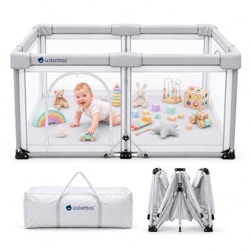 Image of Foldable Baby Playpen, 59 inchx71 inch, Light Gray