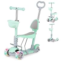 5-in-1 Kids Scooter, 3 Wheel Height-adjustable Kick Scooter, with Removable Seat & Push Handle, LED Light Up Wheels for children boys girls (Light Green)