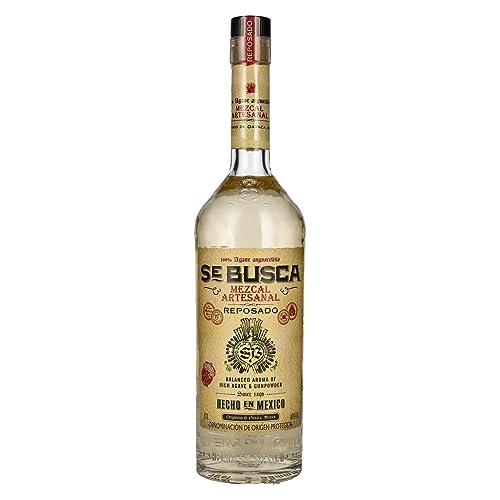 Tequila mezcal Se Busca,Reposado.Mezcal artesanal de aroma equilibrado.Bebida mexicana de sabor dulce y complejo.Para beber puro o en cócteles.Botella de mezcal premium de 70cl,40% alcohol por volumen