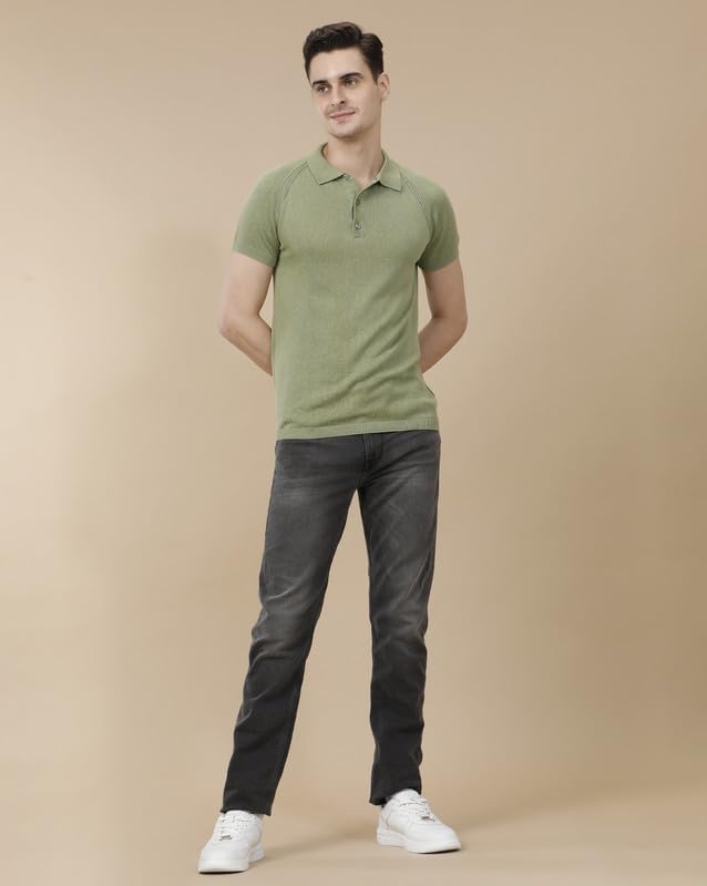 Image of Cavallo by Linen Club Men's Blended Linen Green Solid Contemporary Fit Half Sleeve Polo Neck T-Shirt